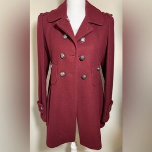 Via Wool Blend Double Breasted Coat Women Burgundy Wine Size Small